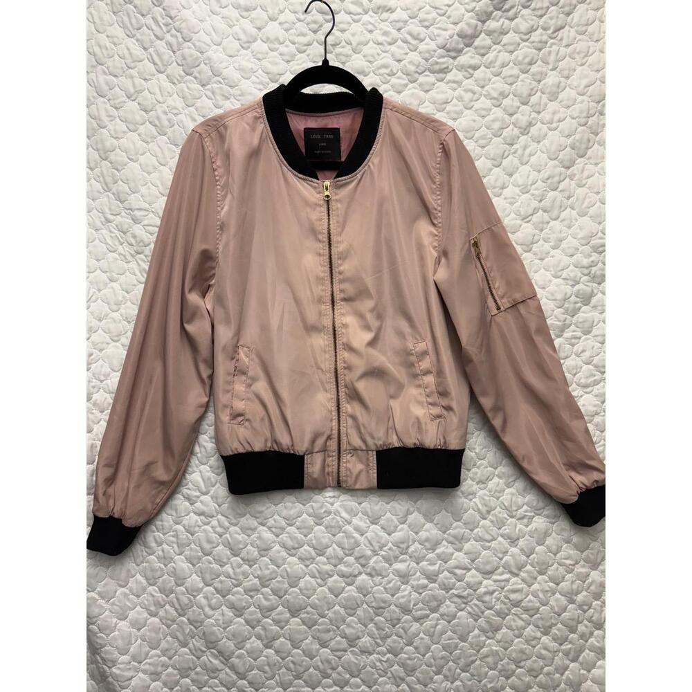 Love Tree Pink Retro Bomber Jacket Zipper Pockets Large Women